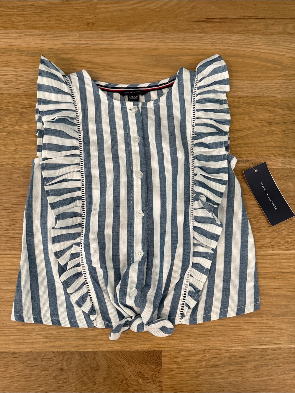 Tommy Hilfiger White and Blue Vertical Stripe Ruffle Tie-Front Top